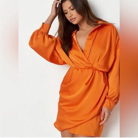 orange missguided dress MISSGUIDED Embellished Cut-Out Halter Neck Ruched Bodycon Mini Dress With Long Sleeves,S